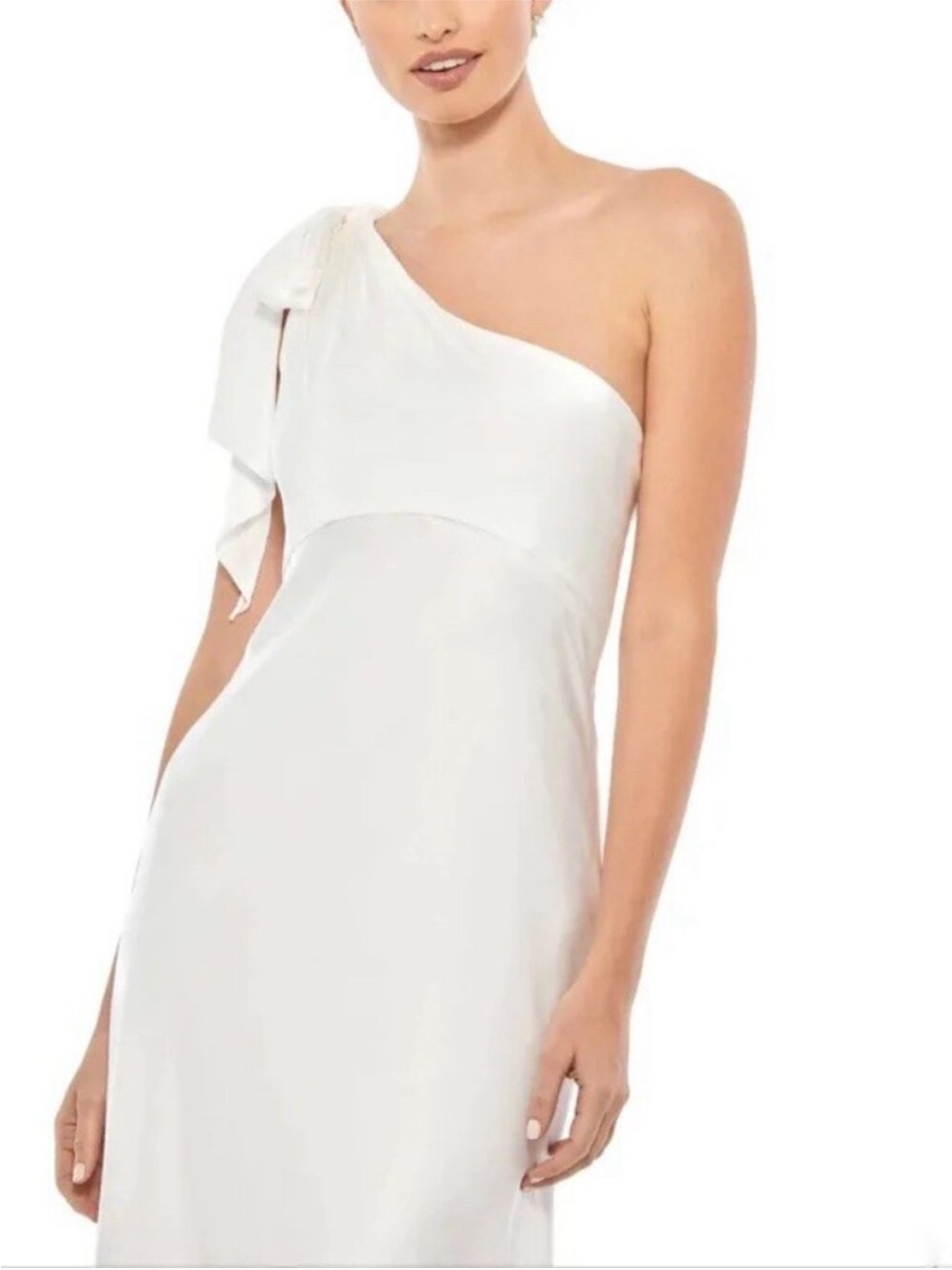 MacDuggal🌹One-Shoulder White Midi Dress with Bow Accent